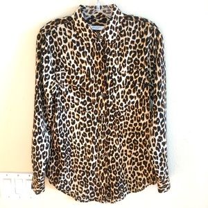 Equipment Femme Silk Leopard Print Blouse XS Long Sleeve Top Button Front Black